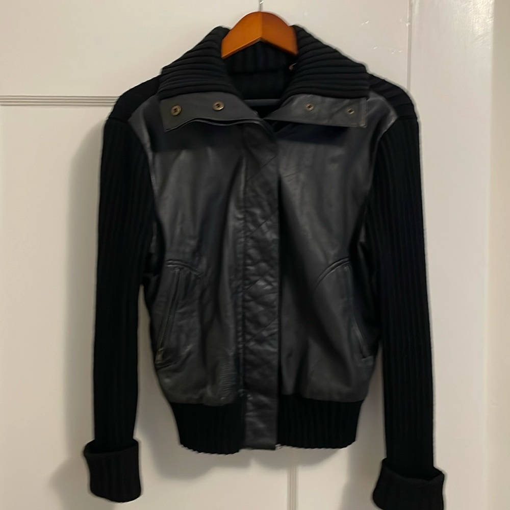 BCBG Max Azria Black Leather and Knit Bomber Jacket Sz L